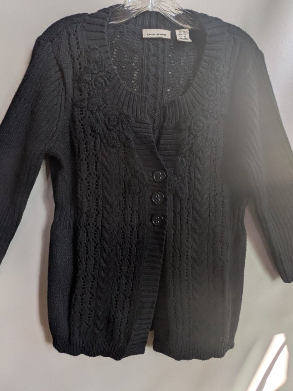dkny ribbed long sleeve black crochet knit button cardigan size XL #784